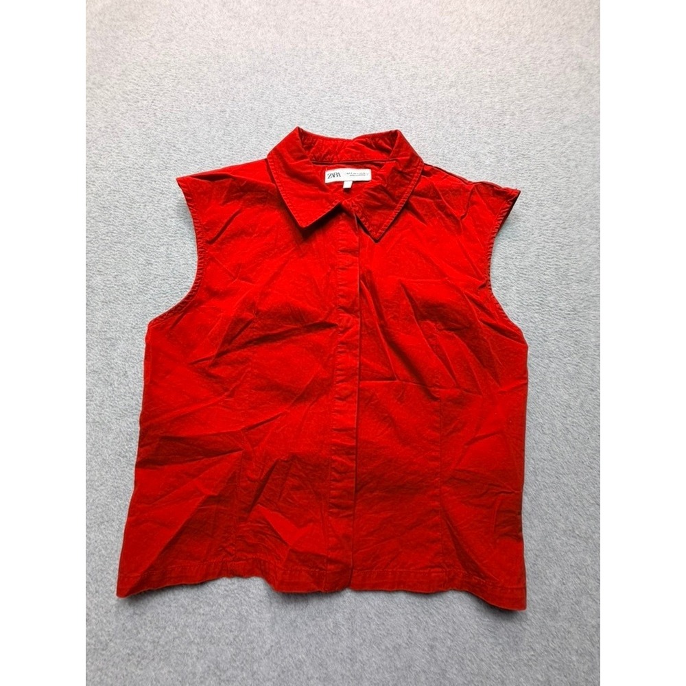 Zara Womens Red Sleeveless Button Down Shirt Small Hidden Placket Cotton Blend